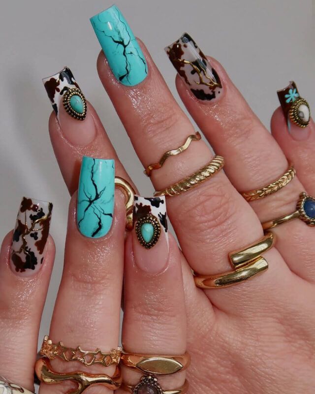 Turquoise Crackle Cow Print Nails — Turquoise Nails 2027