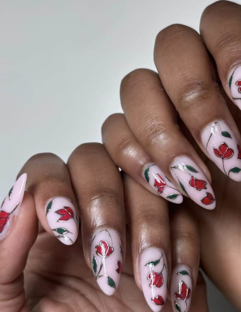 Delicate Red Rose Line Art Almonds — Rose Nails 2027