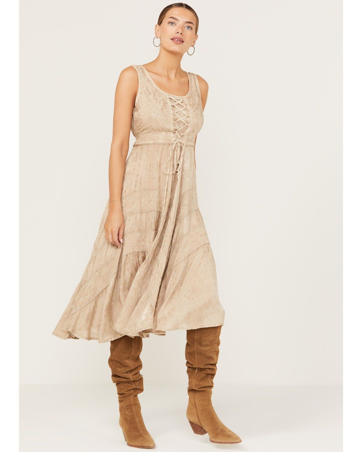 Beige Lace-Up Midi with Suede Cowboy Boots Beige Lace-Up Midi with Suede Cowboy Boots — Wedding Guest Outfits Barn 2027