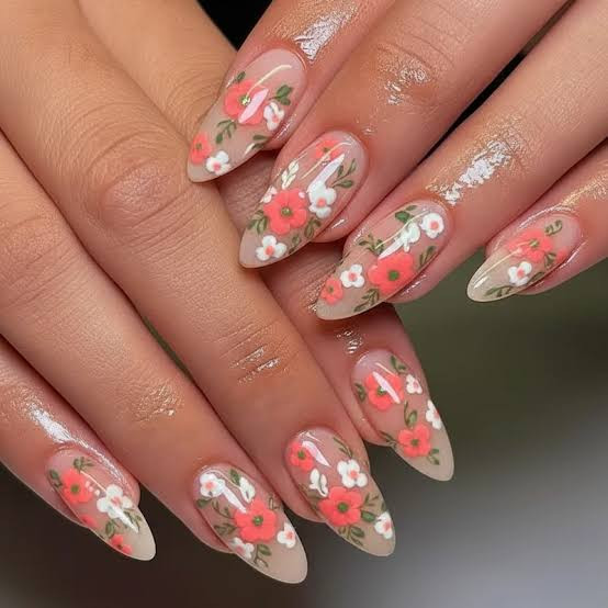Long Stiletto Nude Coral Floral Nails Long Stiletto Nude Coral Floral Nails — Floral Nails 2027