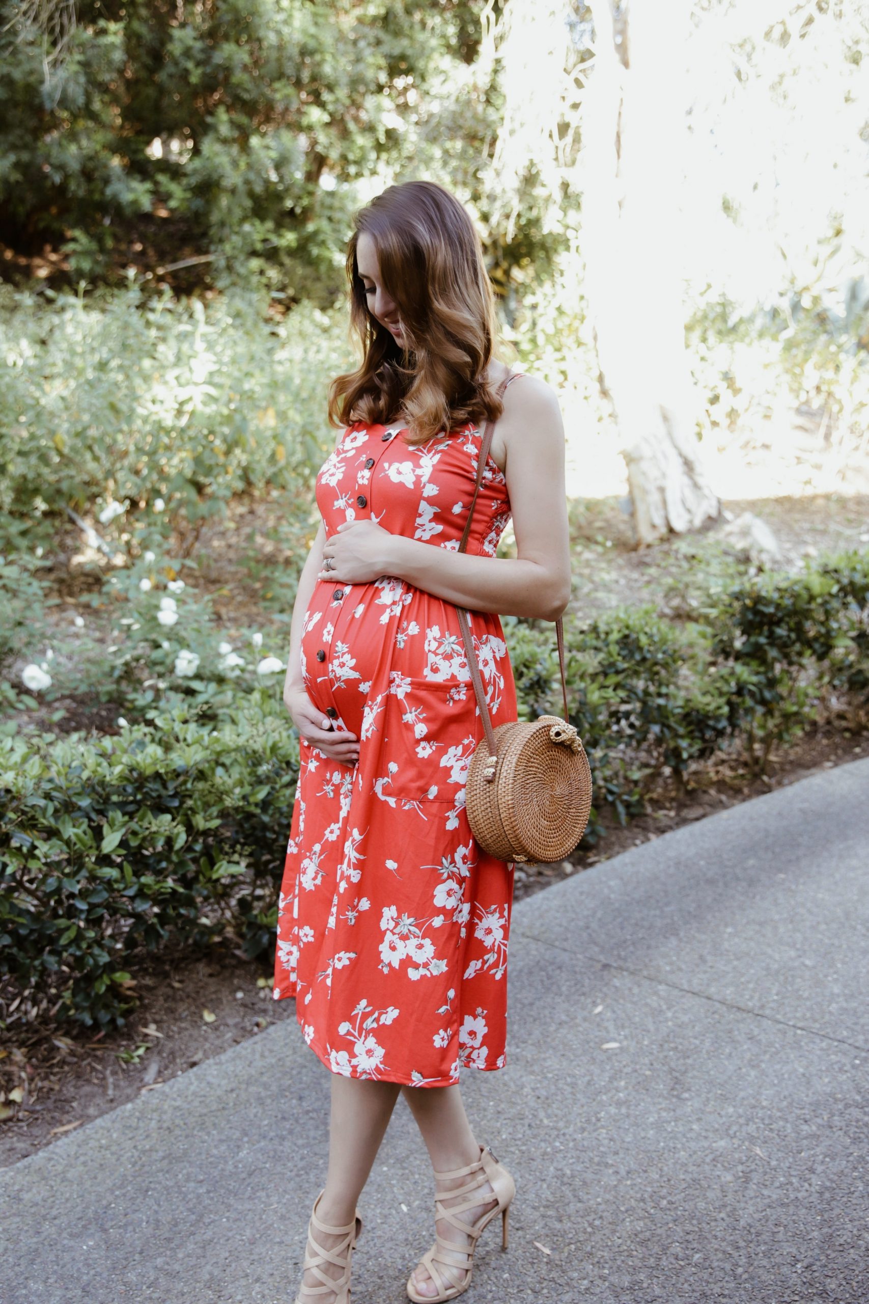 Red Floral Print Midi Dress with Button Detailing Red Floral Print Midi Dress with Button Detailing — Summer Baby Shower Outfits 2027
