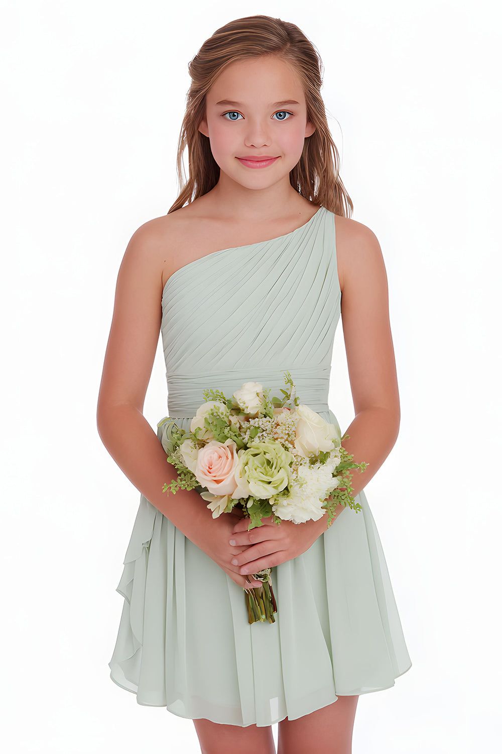 Sage Green One-Shoulder Chiffon with Pleated Bodice Sage Green One-Shoulder Chiffon with Pleated Bodice — Junior Bridesmaid Dress 2027