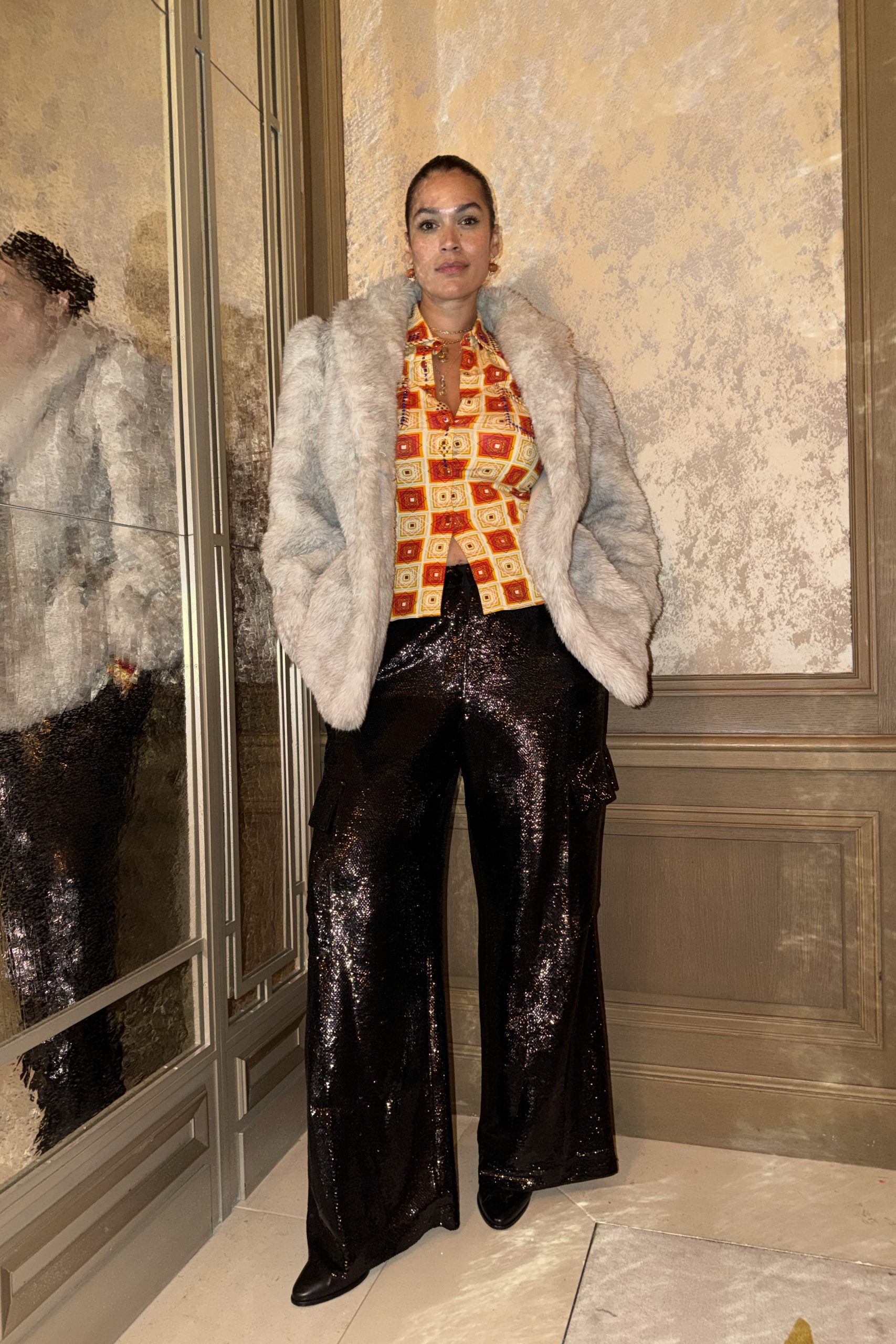 Glamorous Sequined Trousers Paired with a Faux Fur Coat — Curvy Outfits 2027