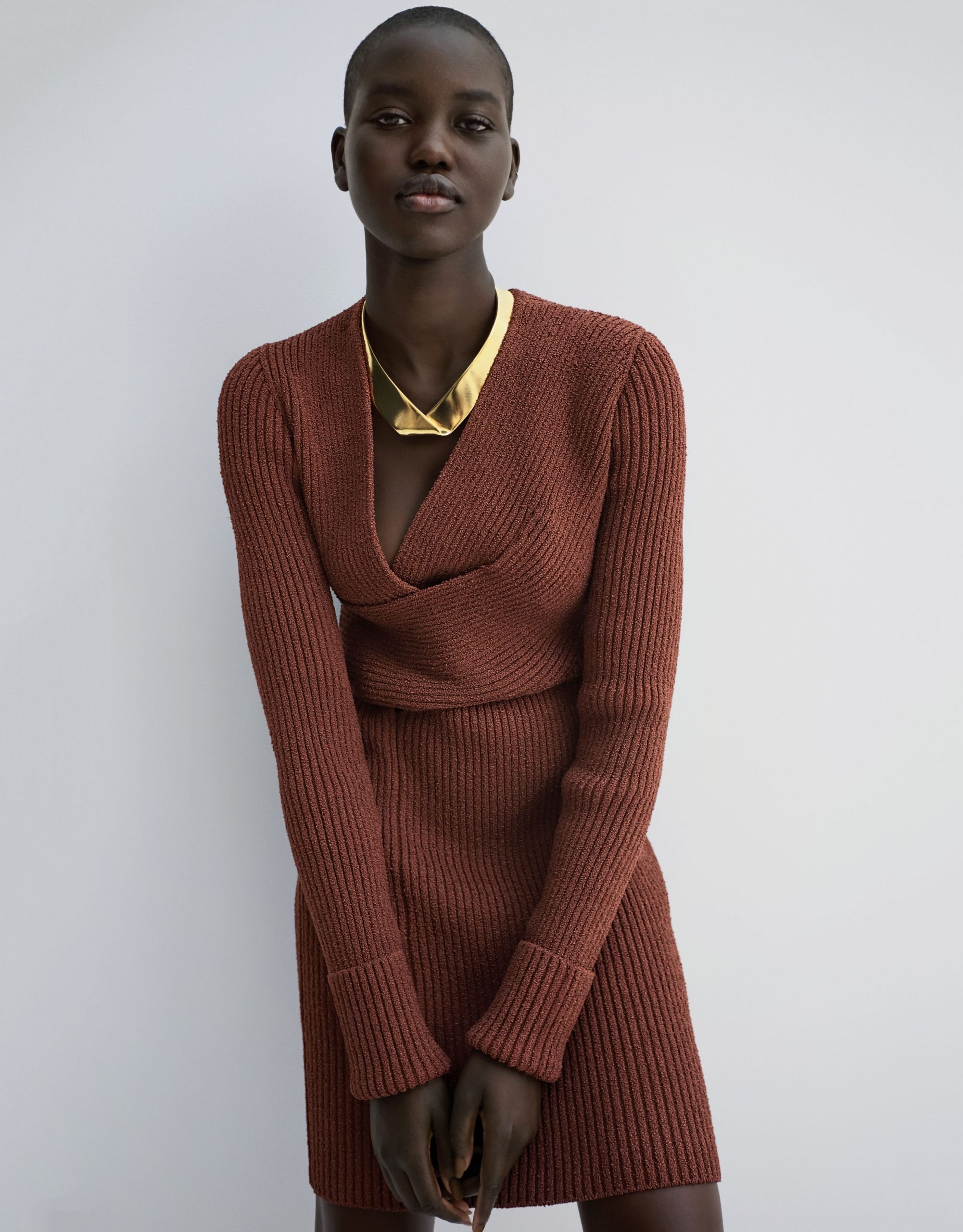 Ribbed Knit Wrap Dress with Statement Gold Necklace — Minimalist Outfits 2027