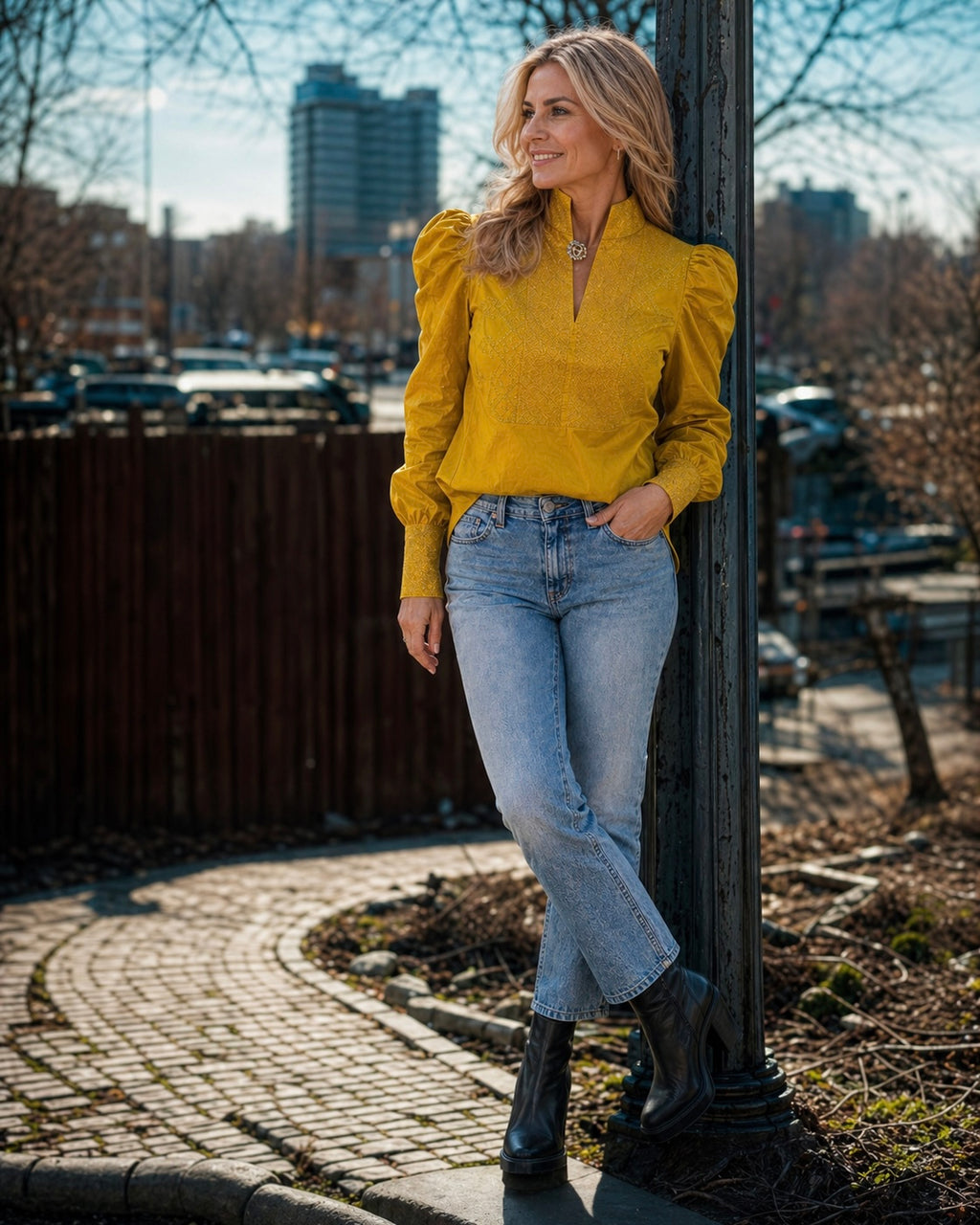 Mustard Yellow Blouse with Puffed Sleeves and Straight-Leg Jeans — Mustard Outfits 2027