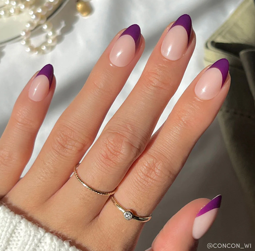 Purple French with Blue Floral Almond Nails Purple French with Blue Floral Almond Nails — Short Prom Nails 2027