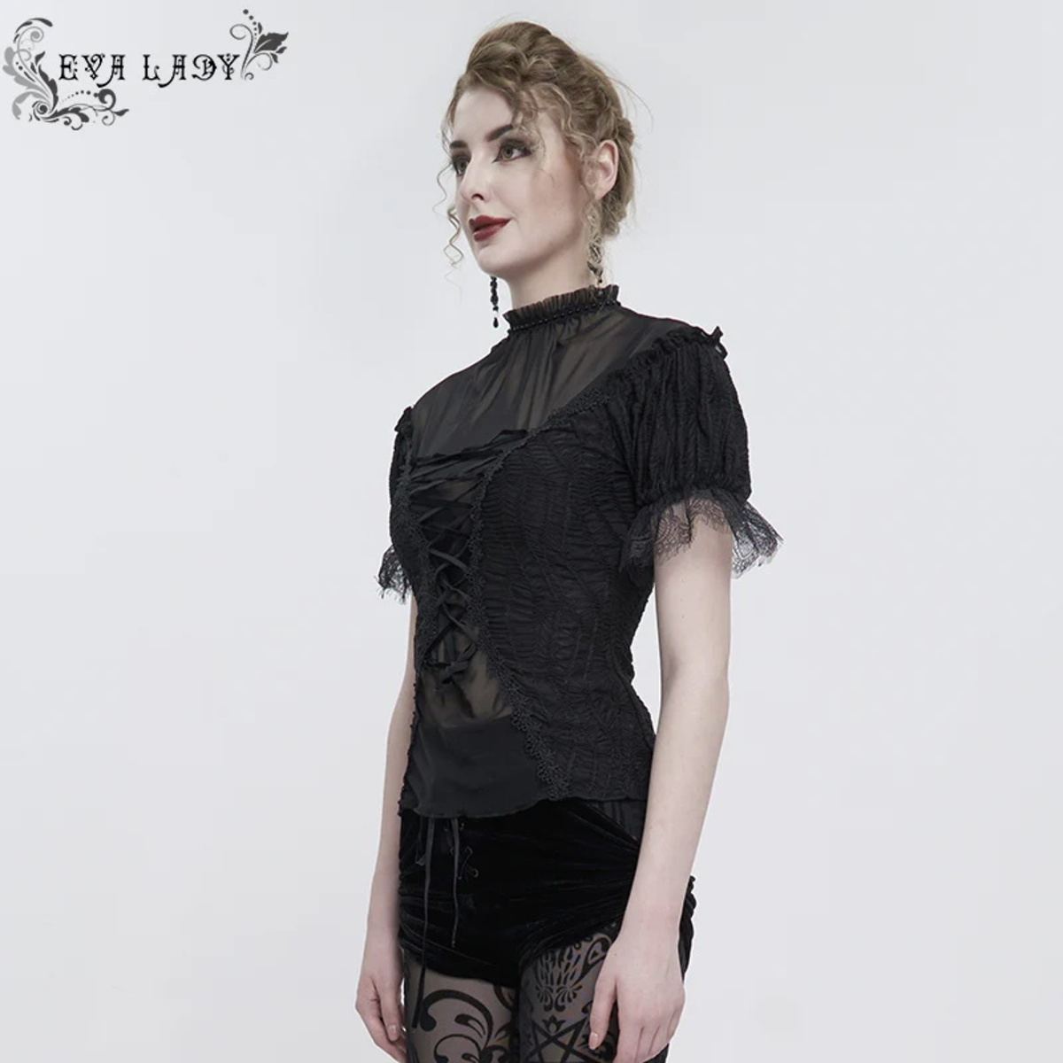 Sheer High Neck Blouse with Corset Lace Up Front Sheer High Neck Blouse with Corset Lace Up Front — Dark Romantic Outfits 2027
