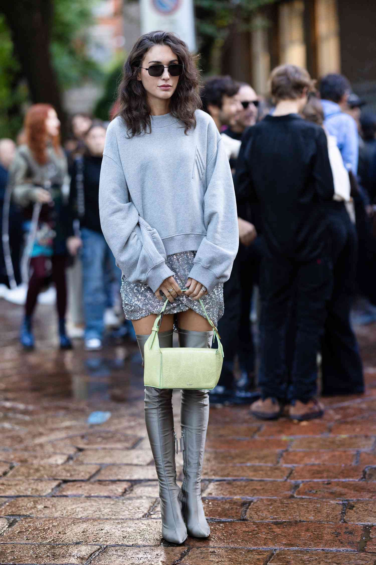 Grey Sweatshirt With Silver Sequin Mini Skirt Grey Sweatshirt With Silver Sequin Mini Skirt — Winter Dinner Outfits 2027