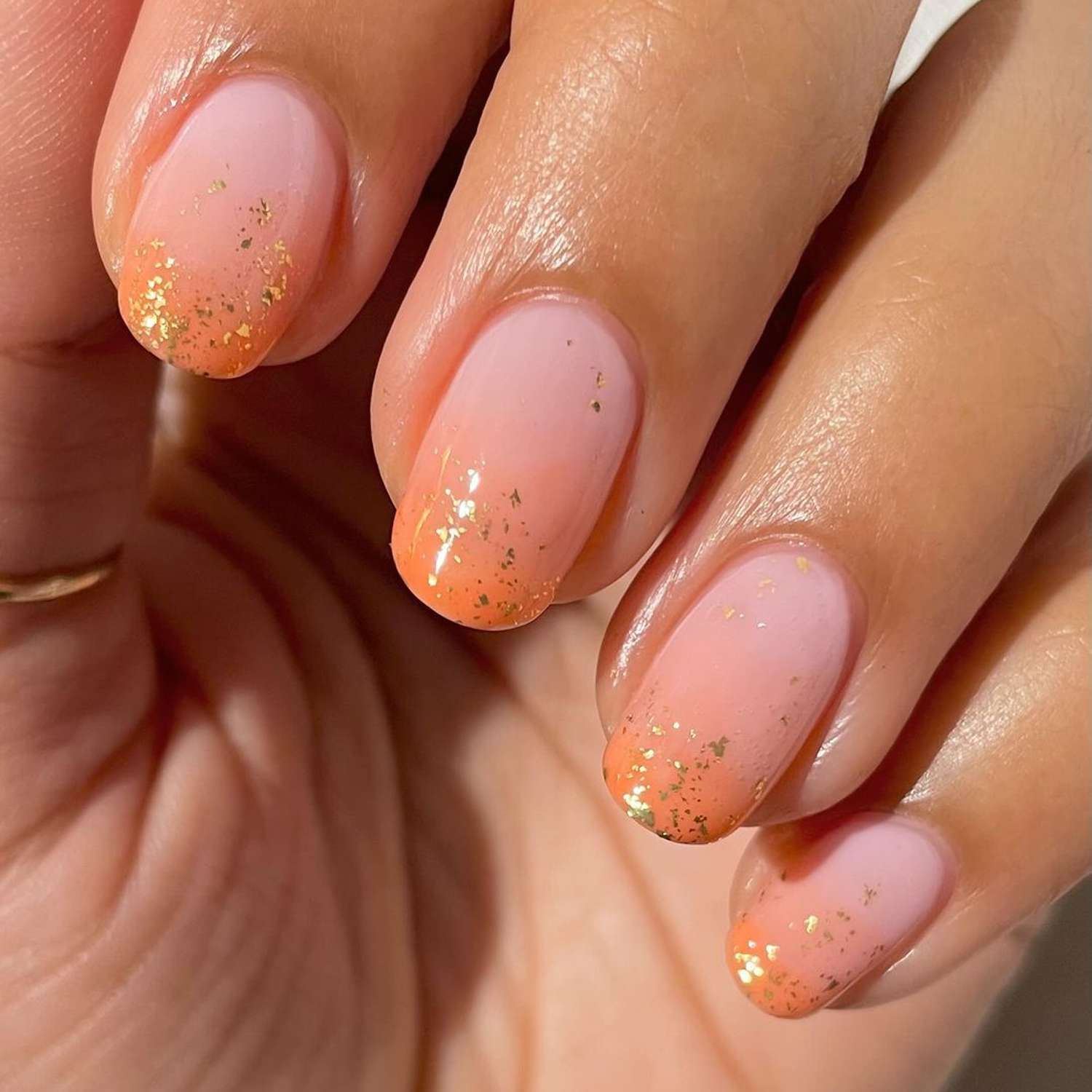 Glossy With Scattered Gold Glitter Pink Orange Ombre with Gold Glitter Glossy With Scattered Gold Glitter Pink Orange Ombre with Gold Glitter — Summer Ombre Nails 2027