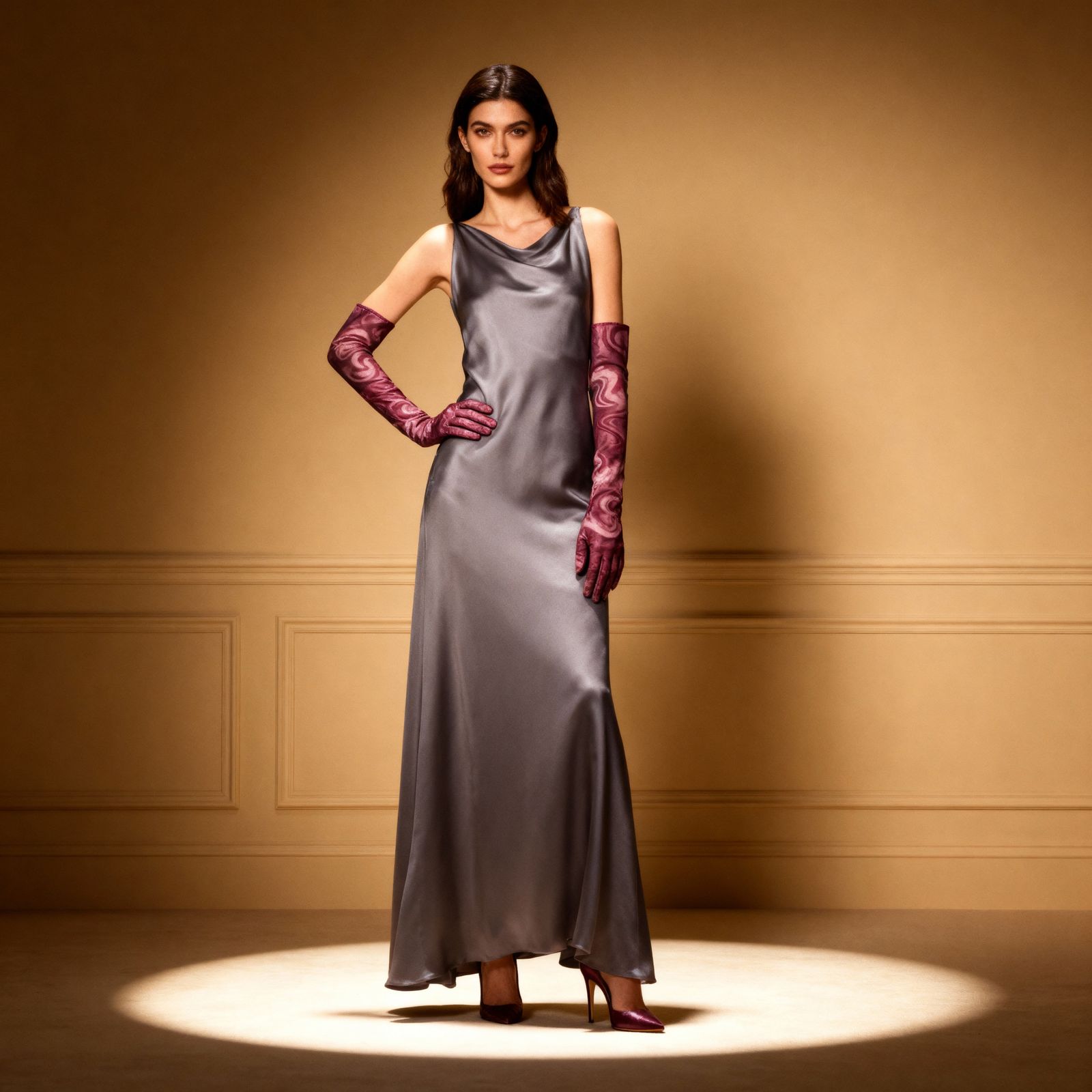 Grey Satin Cowl Neck Dress with Patterned Opera Gloves Grey Satin Cowl Neck Dress with Patterned Opera Gloves — Prom Dress 2027 with Gloves