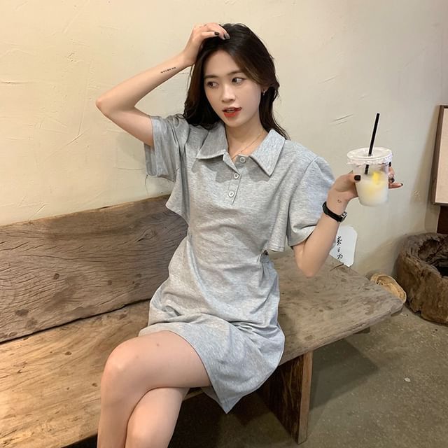 Light Grey Loose Mini Polo Dress with Button Placket Light Grey Loose Mini Polo Dress with Button Placket — Polo Dress 2027