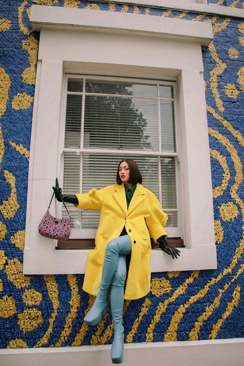 Color Block Statement: Yellow Coat with Blue Platforms Color Block Statement: Yellow Coat with Blue Platforms — Platform Heels Outfits 2027