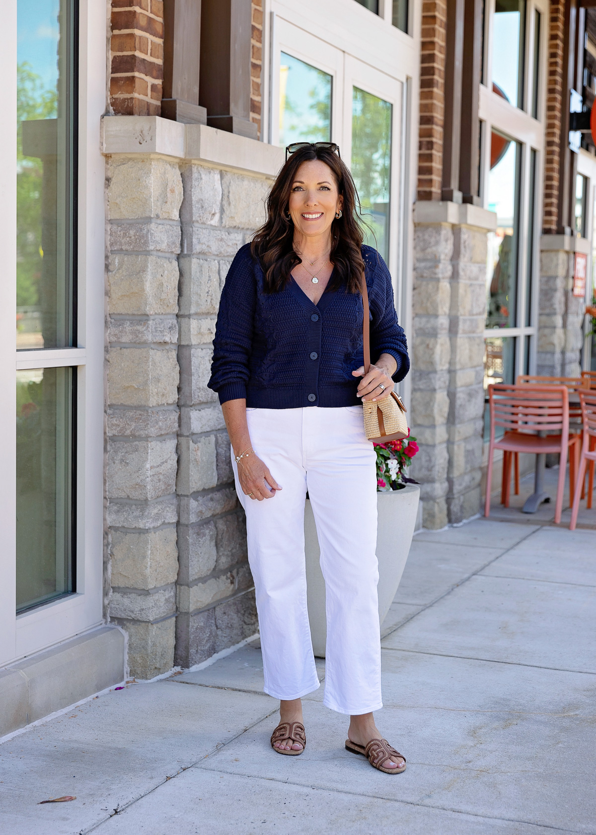 Coastal Casual: White Jeans with a Navy Cardigan Coastal Casual: White Jeans with a Navy Cardigan — Straight Leg Jeans Outfits 2027