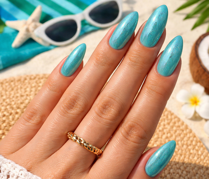 Shimmering Turquoise Chrome Nails Shimmering Turquoise Chrome Nails — Summer Nail Trends 2027