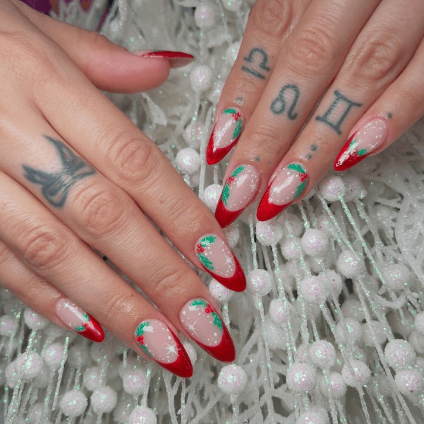 Red Green Clear With White Accents Visual Idea Red Green Clear With White Accents Visual Idea — Christmas Acrylic Nails 2026