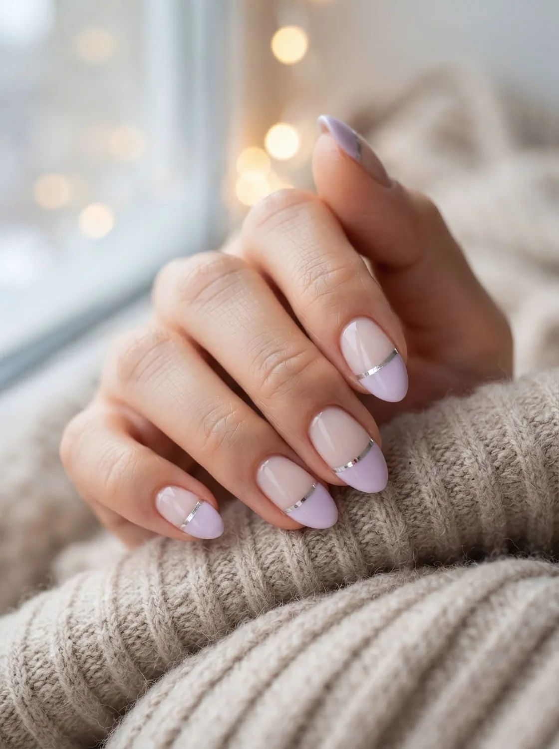 Lavender French Tip with Silver Line — Lavender Wedding Nails 2027