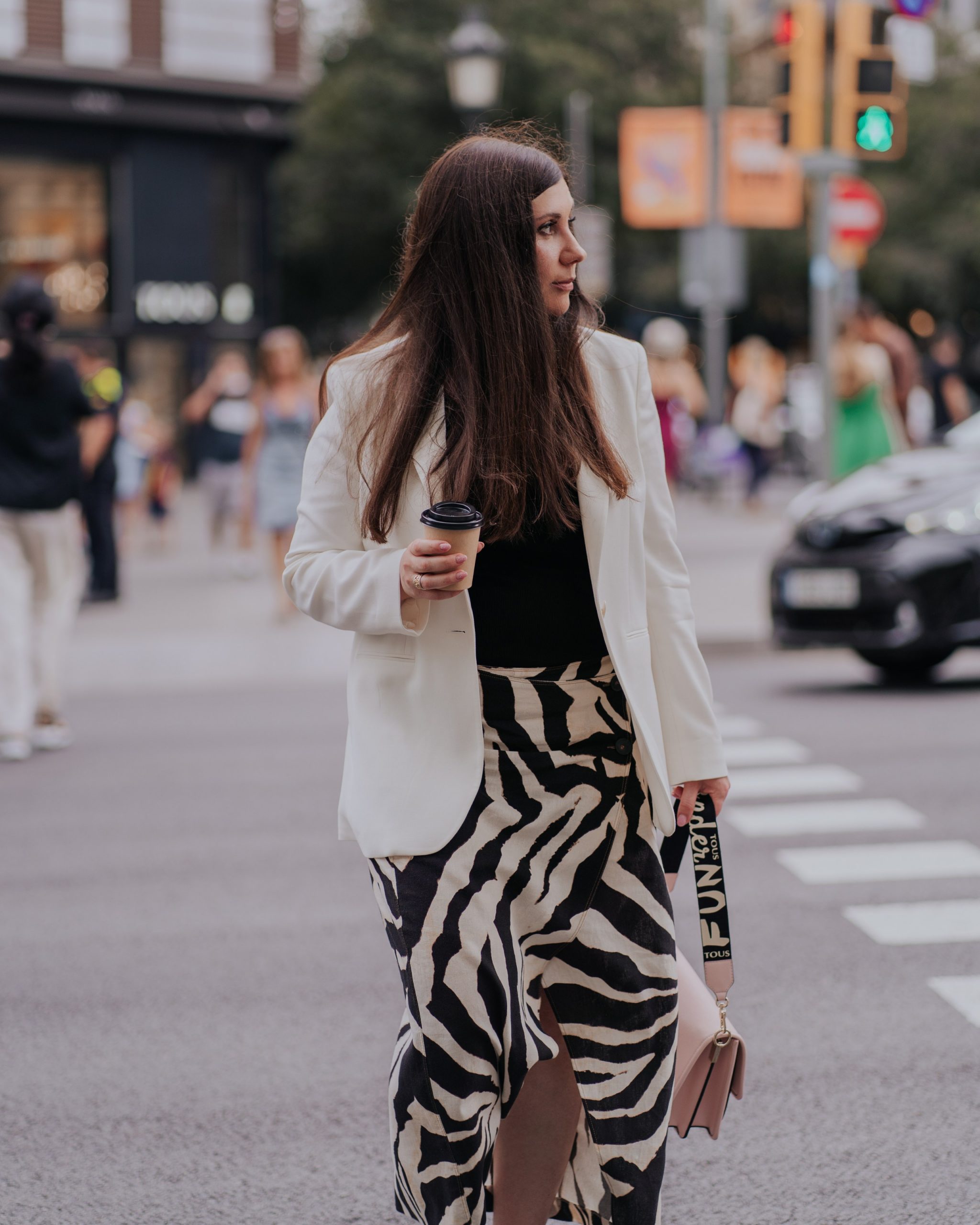 Statement Zebra Skirt with Blazer and Sneakers — Barcelona Outfits 2027