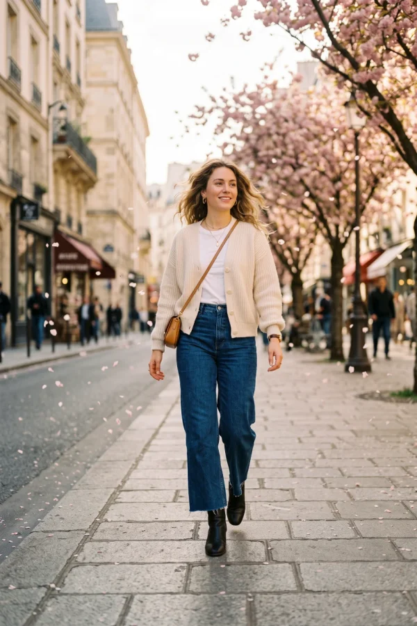 Cream Knit Cardigan and Blue Denim: Cozy Layering Essential — Earth Tone Outfits 2027