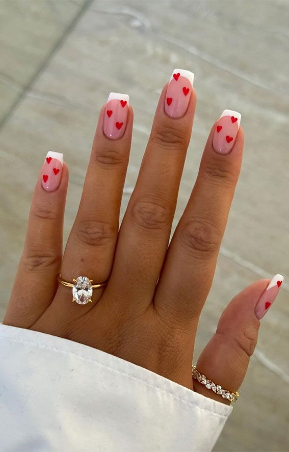 Short Square Pink French With Red Hearts Short Square Pink French With Red Hearts — Love Nails 2027