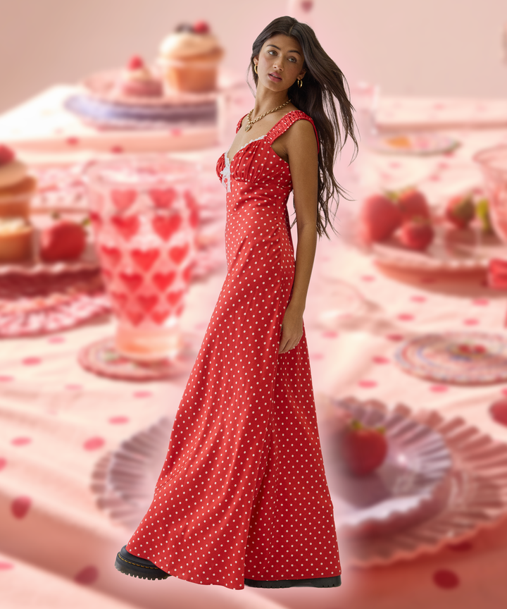 Striking Red Polka Dot Maxi Dress for a Bold Statement Striking Red Polka Dot Maxi Dress for a Bold Statement — Galentines Outfits 2027