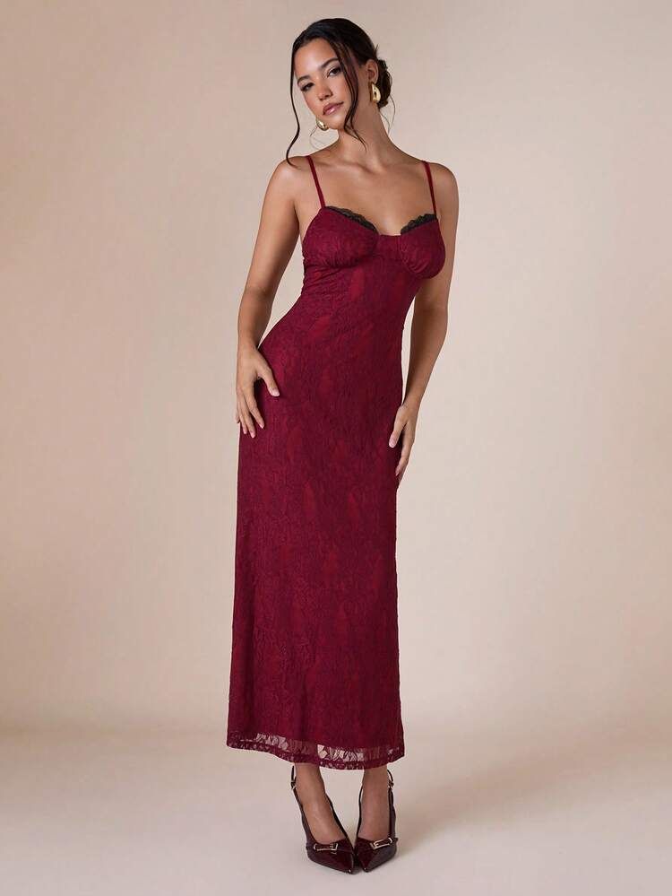 Burgundy Lace Midi Dress with Sweetheart Neckline for Formal Dinners Burgundy Lace Midi Dress with Sweetheart Neckline for Formal Dinners — Cruise Dinner Dress 2027