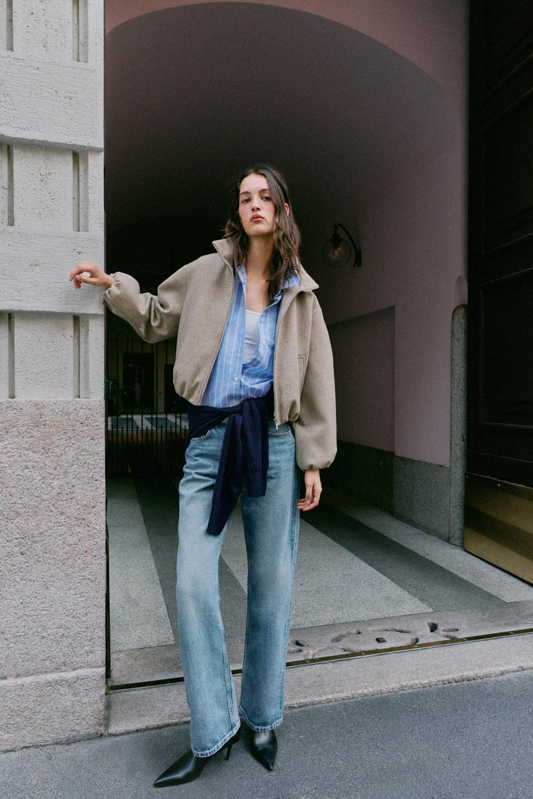 Layered Casual Look with Beige Bomber and Striped Shirt Layered Casual Look with Beige Bomber and Striped Shirt — Zara Outfits 2027