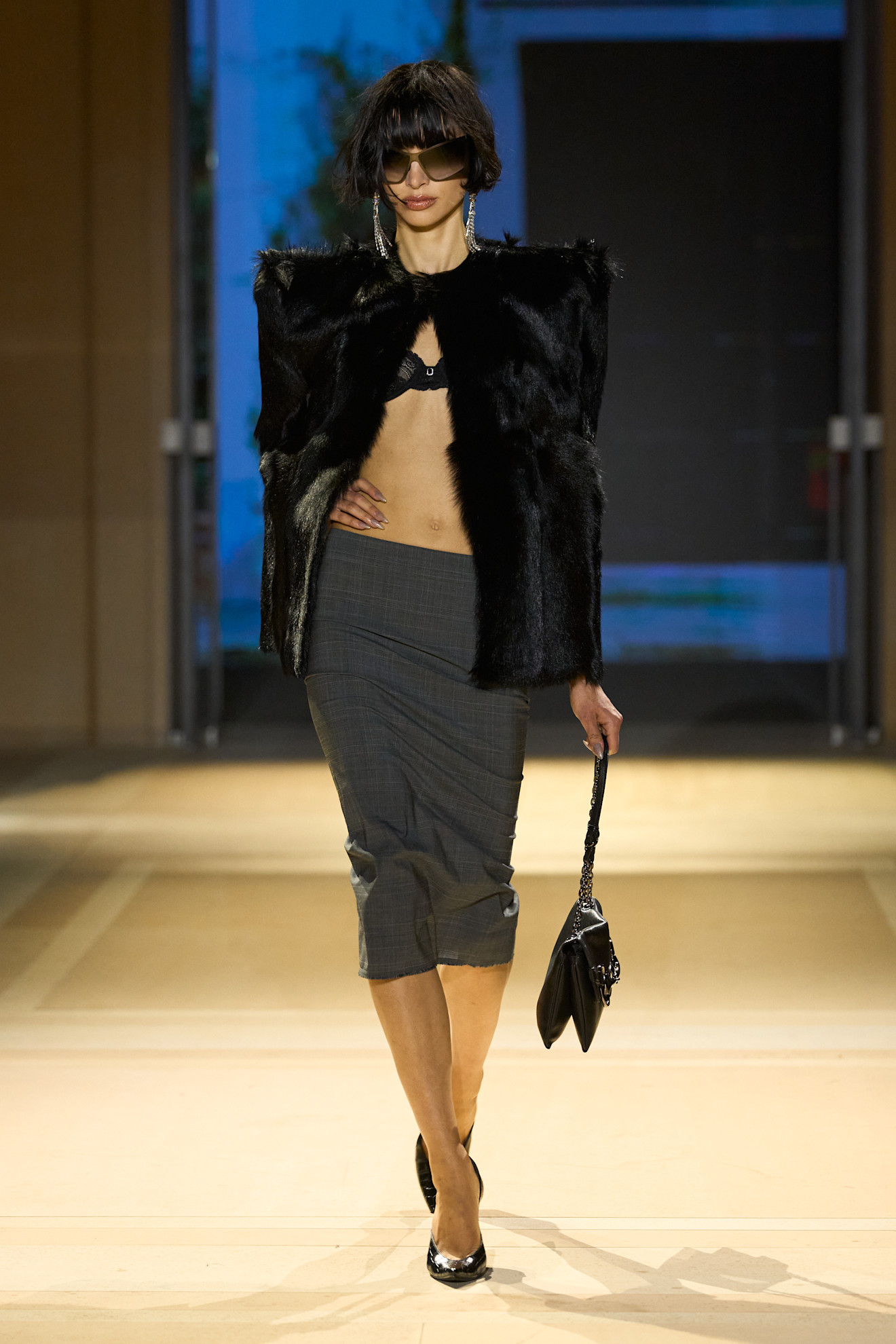 Dramatic Faux Fur Jacket over Bra Top and Pencil Skirt — Tall Women Outfits 2027