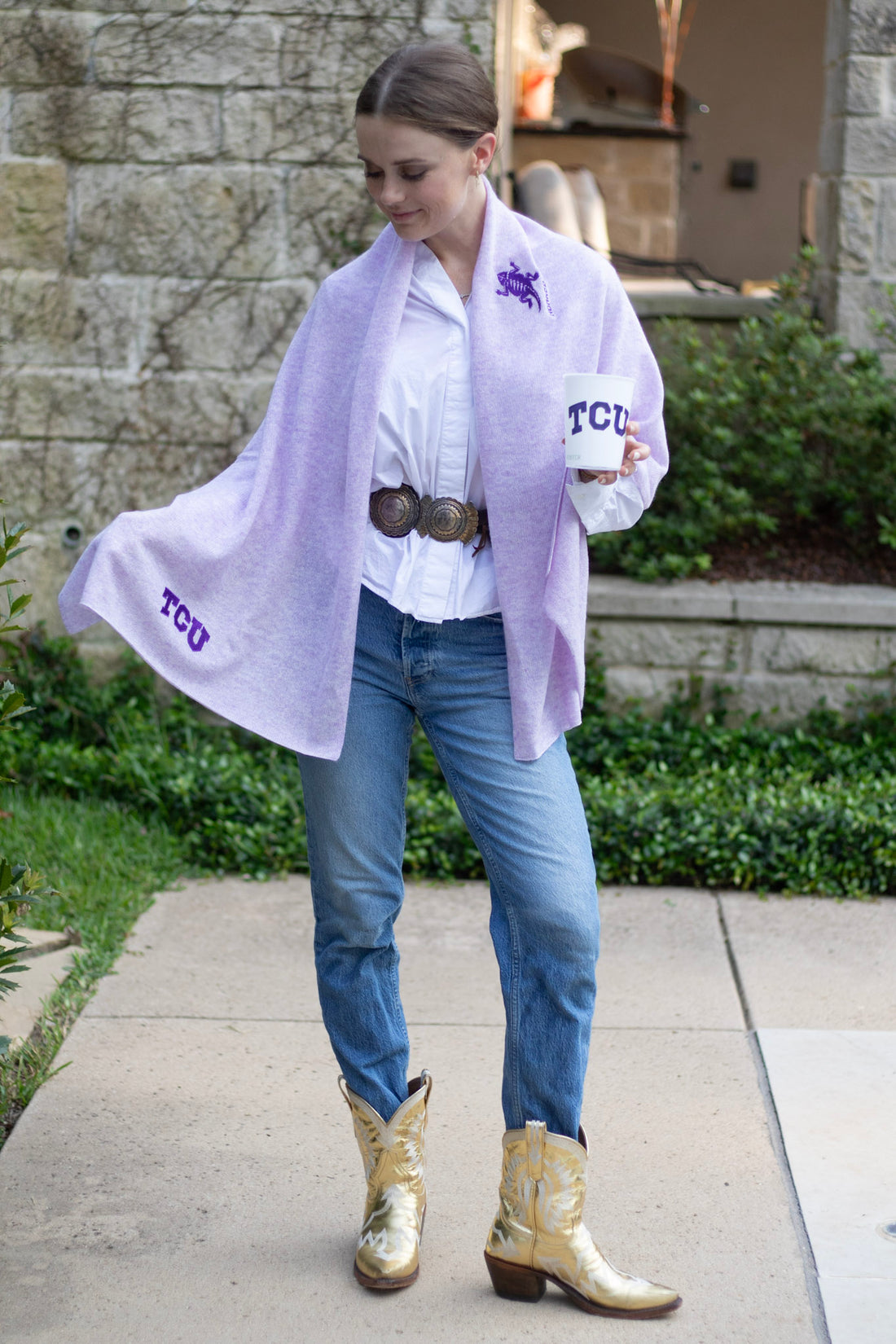 Cowboy Boot Flair: Gold Boots with Jeans and Scarf — College Game Day Outfits 2026