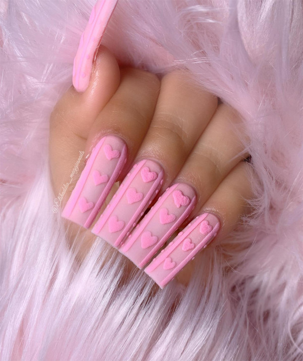 Matte Pastel Pink 3D Heart Textured Nails Matte Pastel Pink 3D Heart Textured Nails — Valentines Coffin Nails 2027