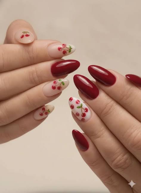 Glossy Red Cherry Art Medium Almonds Glossy Red Cherry Art Medium Almonds — Cherry Red Nails 2027