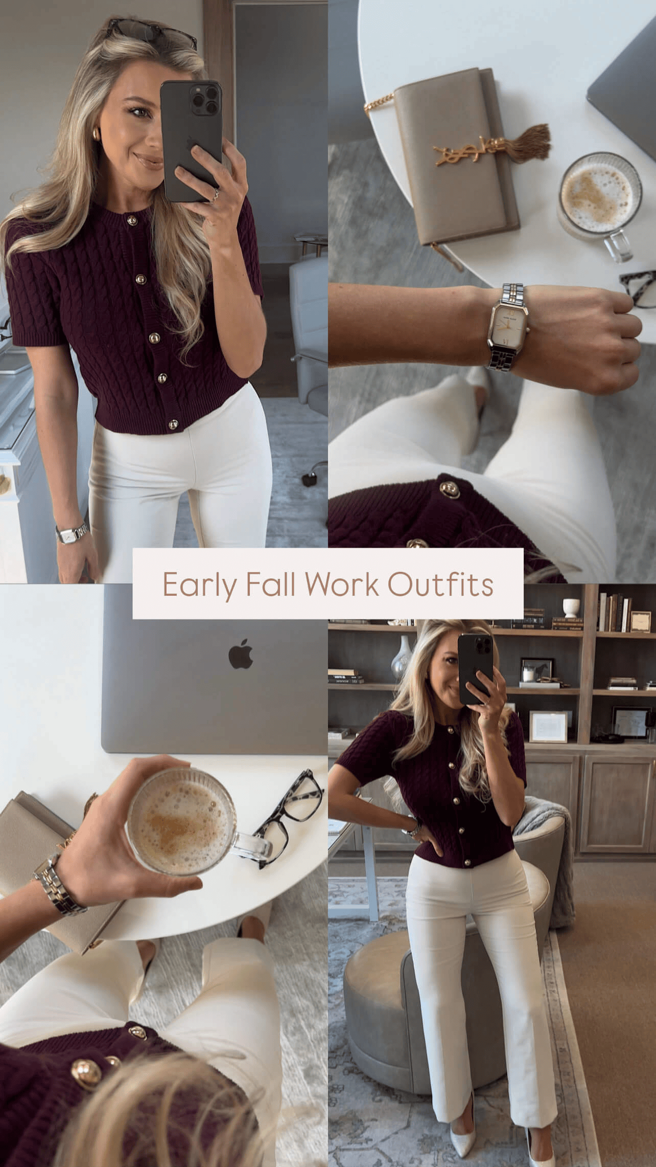 Burgundy Cardigan and White Trousers for a Chic Combination — First Day of Work Outfits 2027
