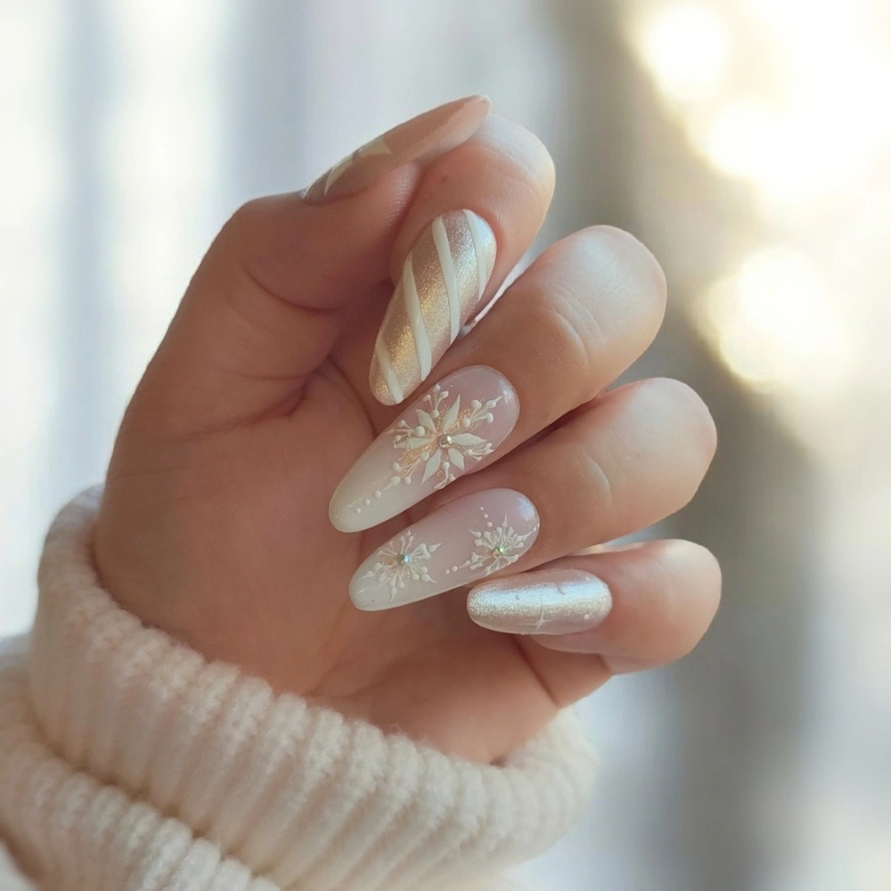 Coffin French Tips with Snowflakes Coffin French Tips with Snowflakes — Winter White Nails 2027