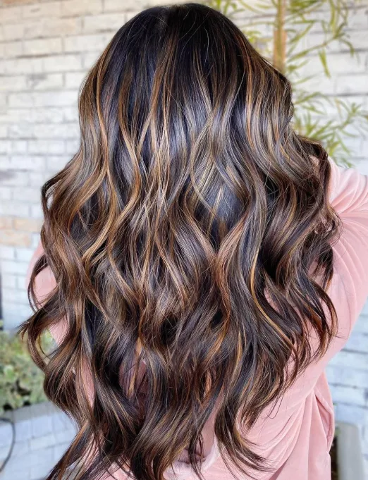 Deep Brown with Caramel and Ash Blonde Highlights — Lowlights 2027
