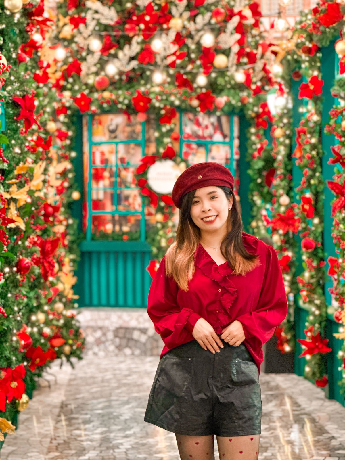 Red Ruffled Blouse and Heart Tights for a Playful Market Look — Christmas Market Outfits 2026