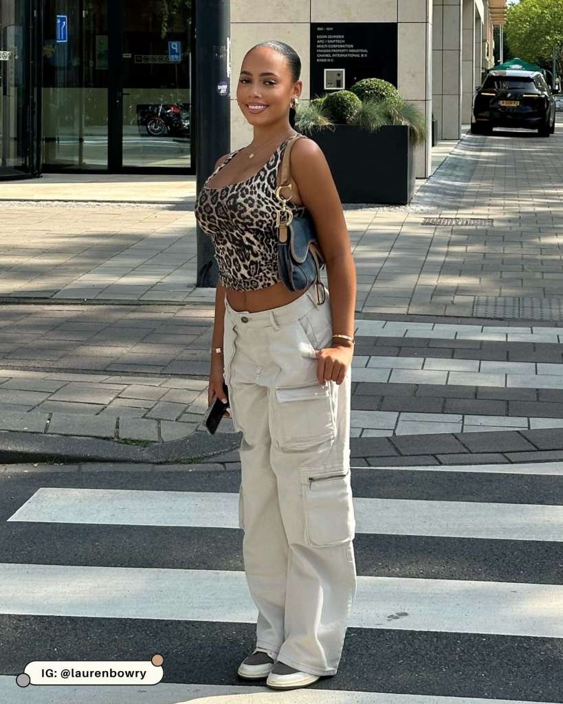 Cream Cargo Pants with Leopard Crop Top and Sneakers Cream Cargo Pants with Leopard Crop Top and Sneakers — Cargo Pants Outfits 2027