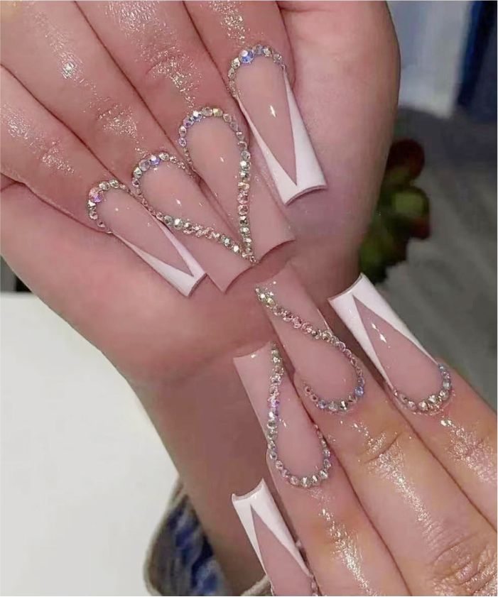 Sheer Pink with Silver Glitter and Crystal Accents — Long Coffin Nails 2027