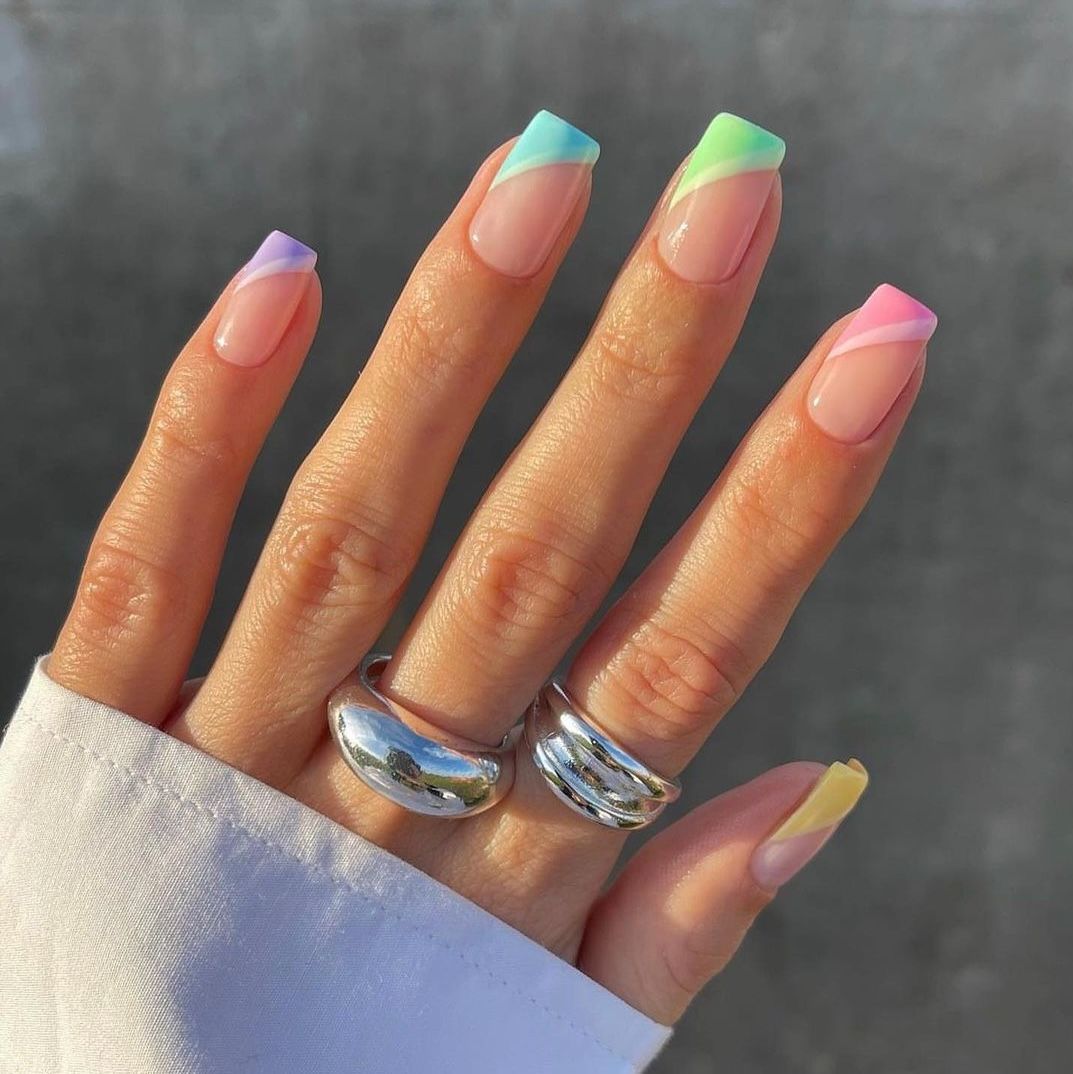 Medium Square Multicolor French Tips Glossy Medium Square Multicolor French Tips Glossy — Different Color Each Nail 2027