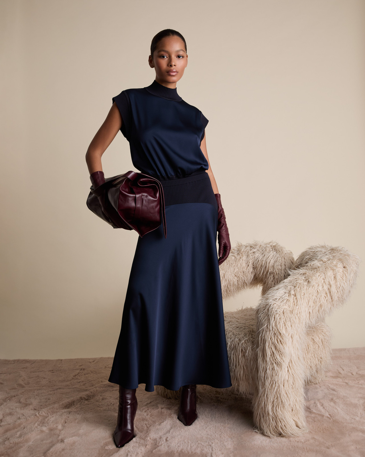 Satin Midi Skirt with Mock-Neck Top and Burgundy Accents Satin Midi Skirt with Mock-Neck Top and Burgundy Accents — Navy Blue Midi Skirt Outfits 2027