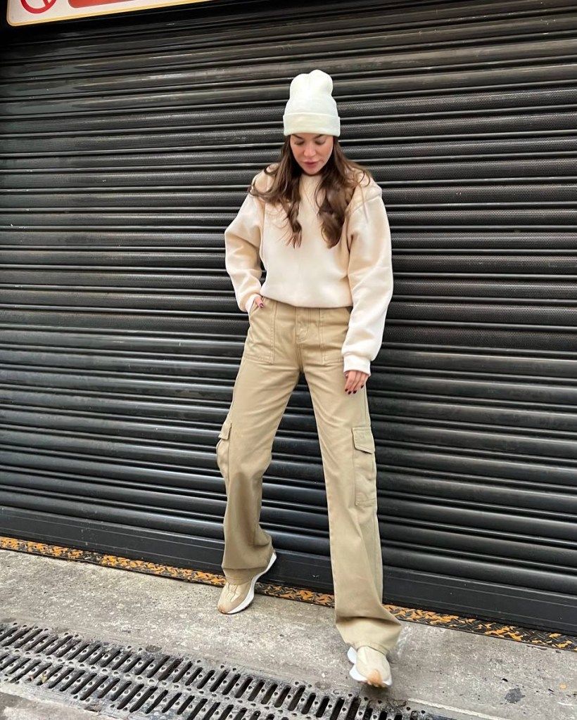 Monochromatic Beige: Wide-Leg Cargos with Sweatshirt and Beanie Monochromatic Beige: Wide-Leg Cargos with Sweatshirt and Beanie — Khaki Cargo Pants Outfits 2027