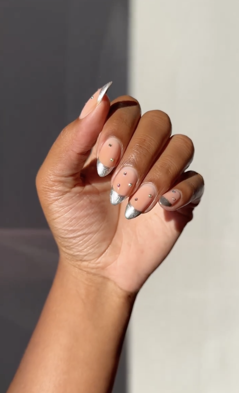 Glossy Silver French Tips with Cuticle Rhinestones Glossy Silver French Tips with Cuticle Rhinestones — Silver Nails 2027
