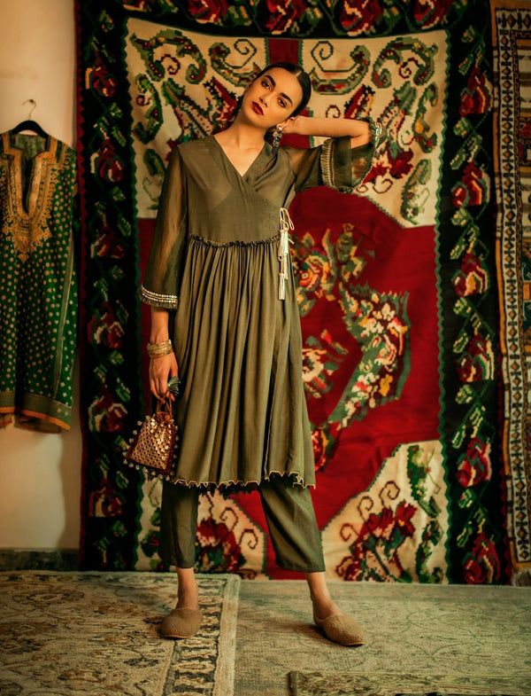 Embellished Olive Green Wrap Tunic and Trousers — Modern Heirloom Outfits 2027