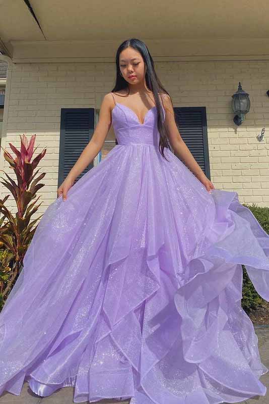 Light Purple Glitter Tulle Ballgown with Spaghetti Straps Light Purple Glitter Tulle Ballgown with Spaghetti Straps — Purple Prom Dresses 2027