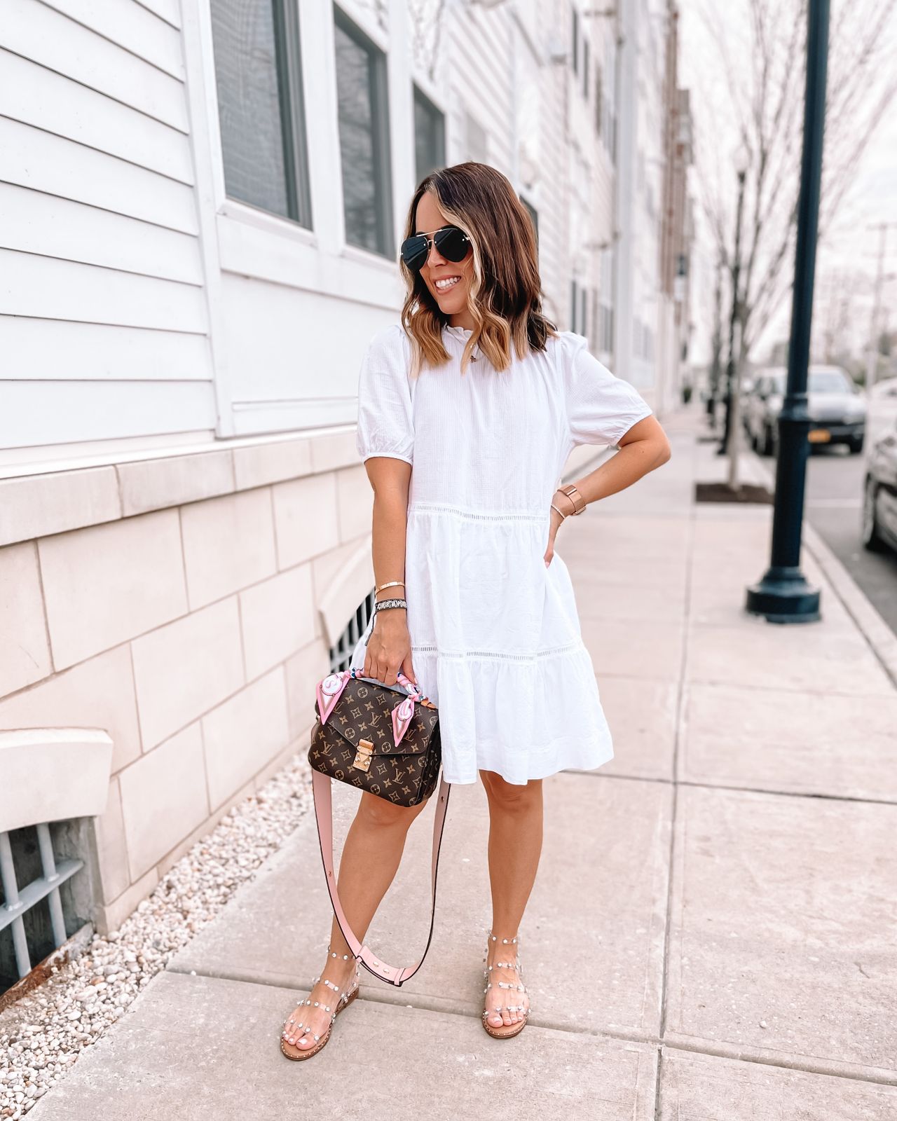 White Tiered Mini Dress with Clear Studded Sandals and Scarf Detail White Tiered Mini Dress with Clear Studded Sandals and Scarf Detail — Dress 2027 with Sandals Outfit
