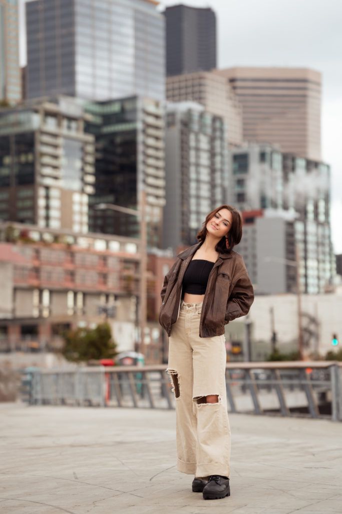 Urban Edge: Leather Jacket, Cropped Top, and Wide-Leg Trousers Urban Edge: Leather Jacket, Cropped Top, and Wide-Leg Trousers — Senior Photo Outfits 2027