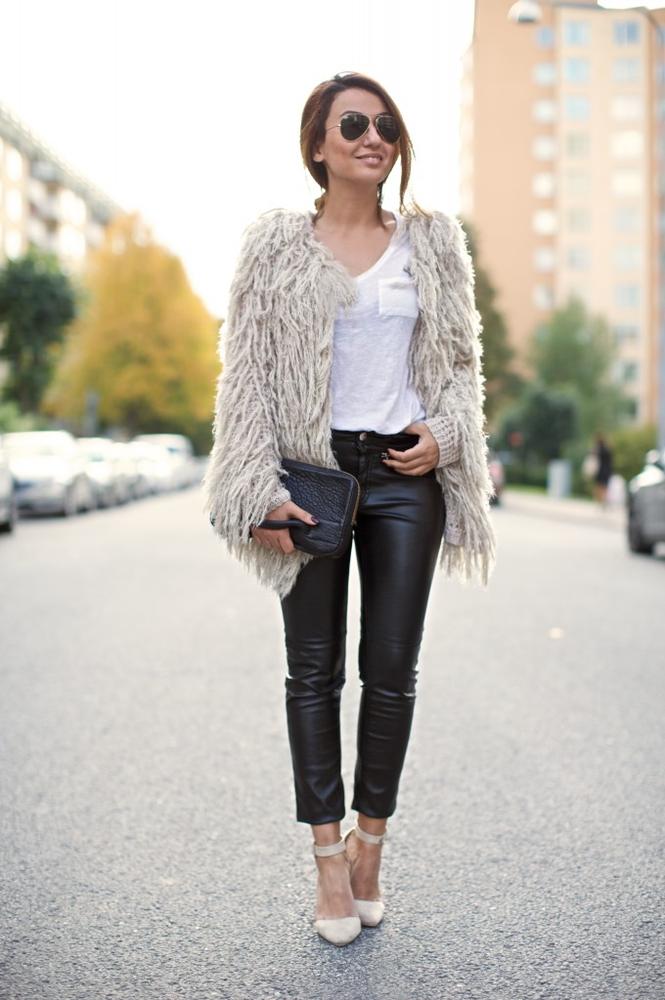 Cozy Texture Play: Black Leather Pants with Shaggy Coat Cozy Texture Play: Black Leather Pants with Shaggy Coat — Leather Pants Outfits 2027