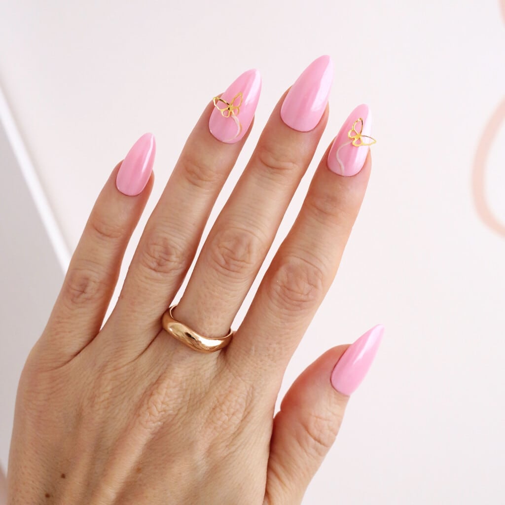 Long Almond Gold Butterfly Charm Nails Long Almond Gold Butterfly Charm Nails — Long Spring Nails 2027