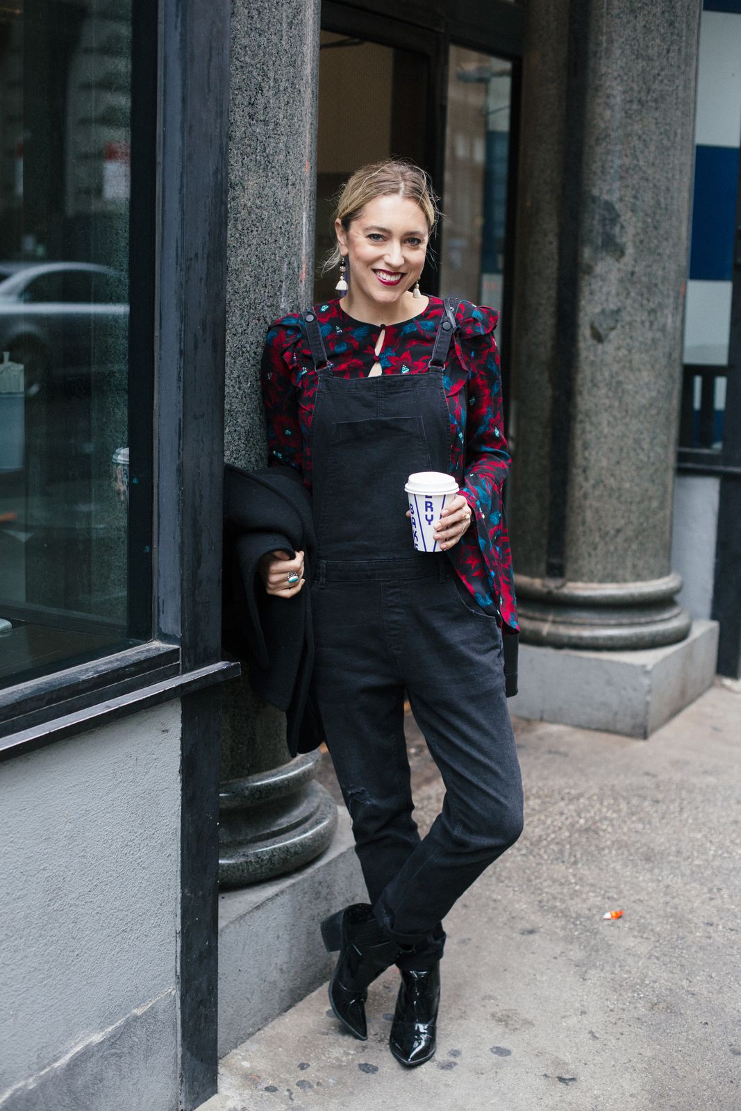Black Denim Overalls with a Vibrant Printed Top and Pointed Boots Black Denim Overalls with a Vibrant Printed Top and Pointed Boots — Overalls 2027