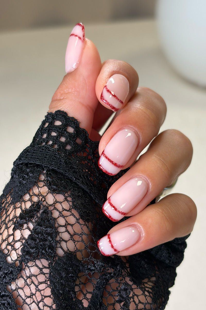 Pink Base Red Glitter Accent Visual Idea Pink Base Red Glitter Accent Visual Idea — Colored Double French Nails 2027