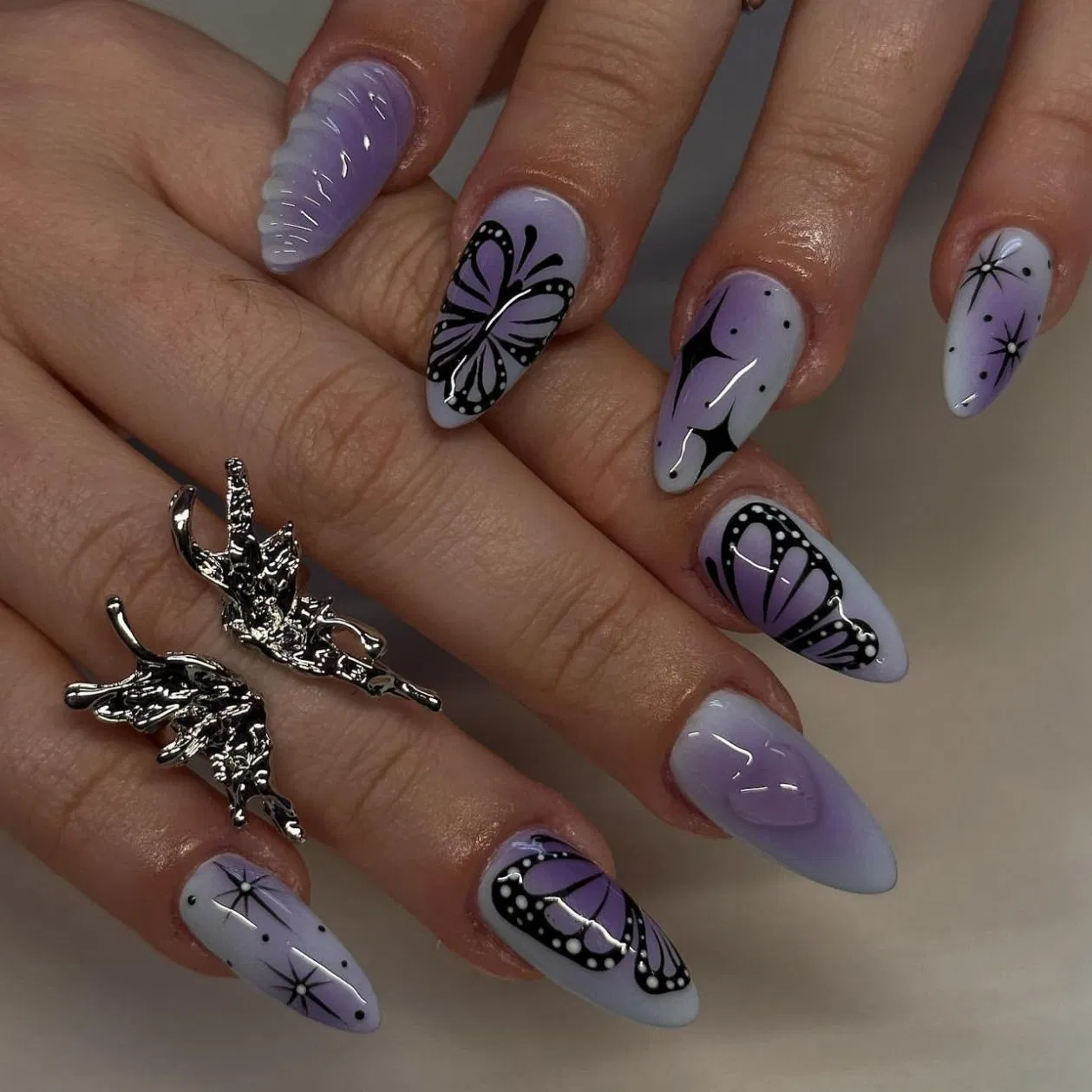 Purple White Ombre Butterfly Heart Almonds — Short Butterfly Almond Nails 2027