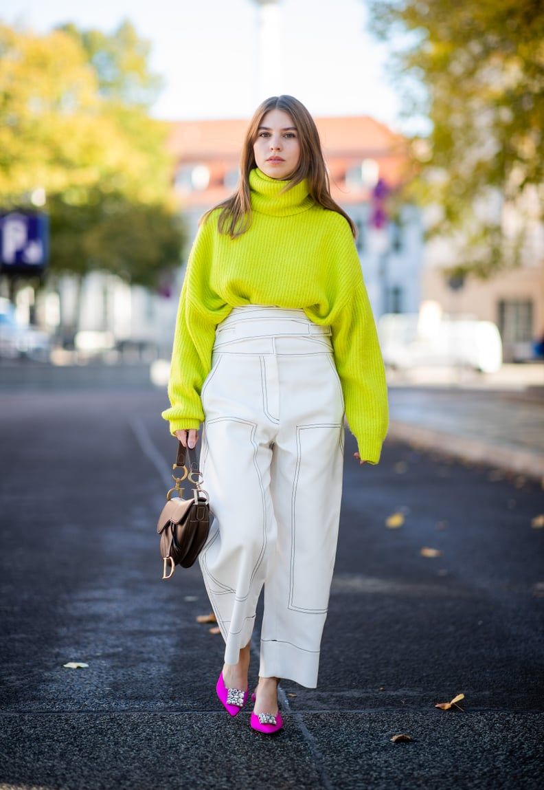Bold Contrast: Neon Green Turtleneck with White Wide-Leg Trousers — Cold Weather Outfits 2027